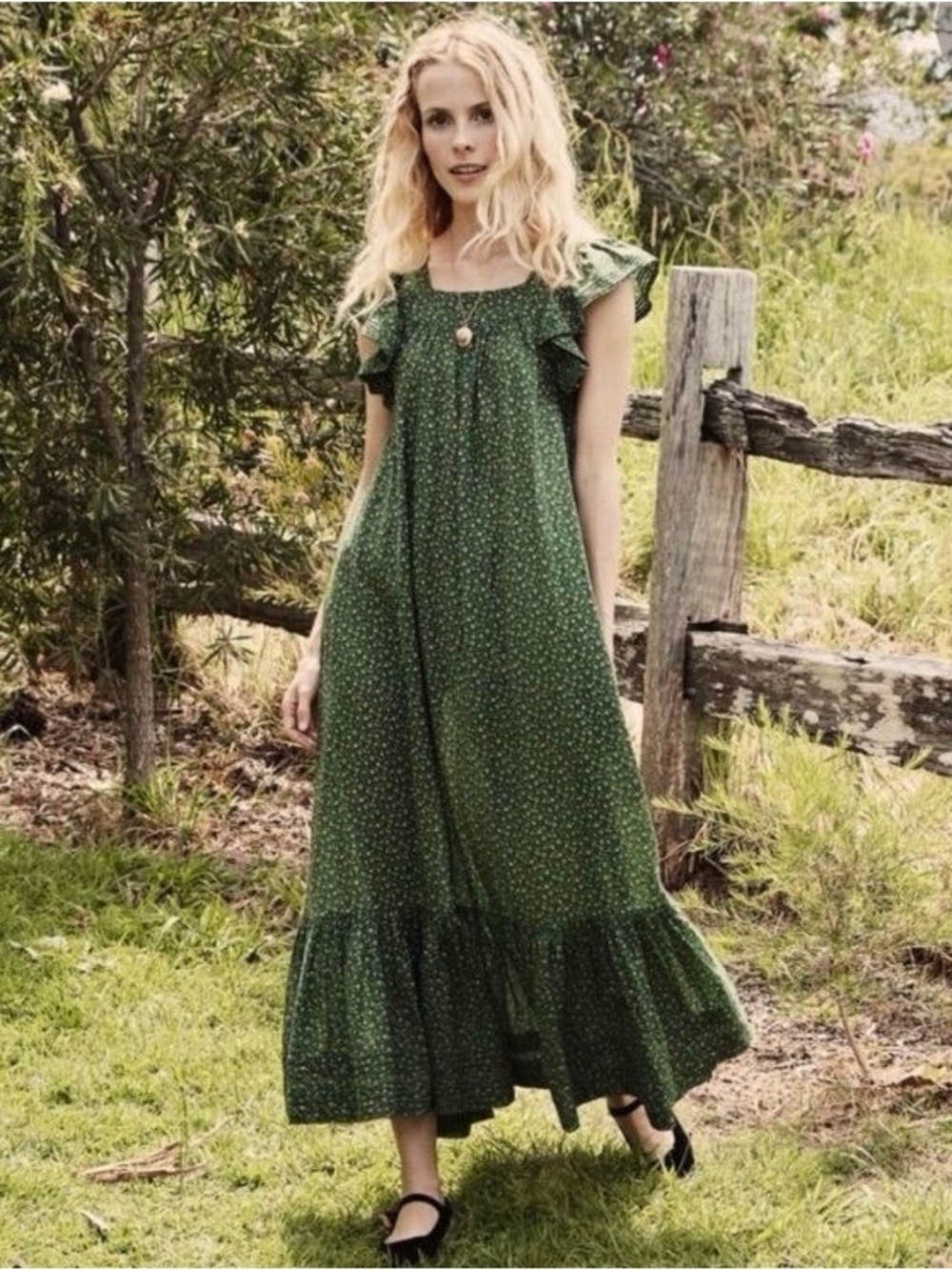 RARE Dôen Sonnet Martha’s Garden Green Floral Flutter Sleeve Boho Maxi Dress M